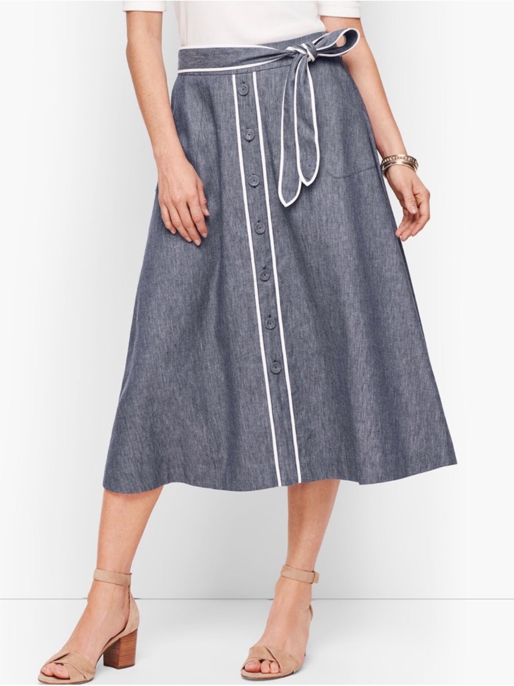 Talbots Button-Front Chambray Midi Skirt with Contrast Trim - denim blue